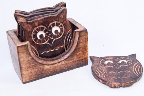 Mango Wood Ollie Owl Design Coaster Set - Click Image to Close